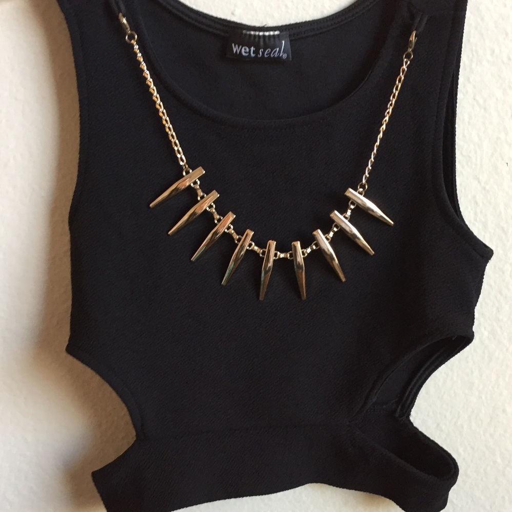 Black cut out half top, with tiger tooth necklace